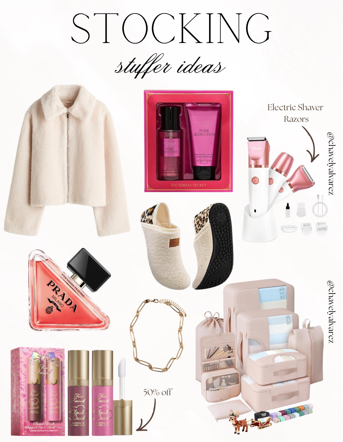 STOCKING STUFFERS: Cozy Textures, Glam Beauty, & Travel Essentials! ✨

Embrace the season of giving with this perfectly balanced collection of daily luxuries! 💖

We are obsessed with the statement piece: a plush, ivory faux fur zip-up jacket that adds instant warmth and style to any winter outfit. Balance the cozy outerwear with practical yet chic accessories like a gold link chain necklace and a comprehensive set of blush pink travel packing cubes to stay organized on the go. Finish the curation with elevated beauty and self-care favorites: a signature Prada fragrance, a Victoria’s Secret gift set, and an electric shaver kit for the ultimate pampering. Don't forget the perfect finishing touches—leopard print lined slippers and the Too Faced "Cloud Crush" lip and cheek set for a festive glow!

#StockingStuffers
#GiftGuide
#HolidayGifts
#GiftsForHer
#FauxFurJacket
#TravelEssentials
#PackingCubes
#PradaBeauty
#VictoriaSecret
#CozyVibes
#WinterStyle
#BeautyFavorites
#LTKHoliday
#LTKUnder50
#GiftInspo


#LTKHoliday #LTKGiftGuide #LTKFindsUnder50