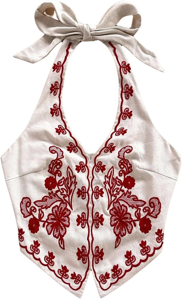 OYOANGLE Women's Floral Boho Summer Halter Crop Tops Embroidery Vacation Tank Top Tie Backless Vi... | Amazon (US)