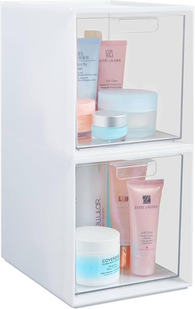 STORi Audrey Stackable Plastic White Organizer with Clear Drawer | 2 Piece Bin Set | Organize Cos... | Amazon (US)