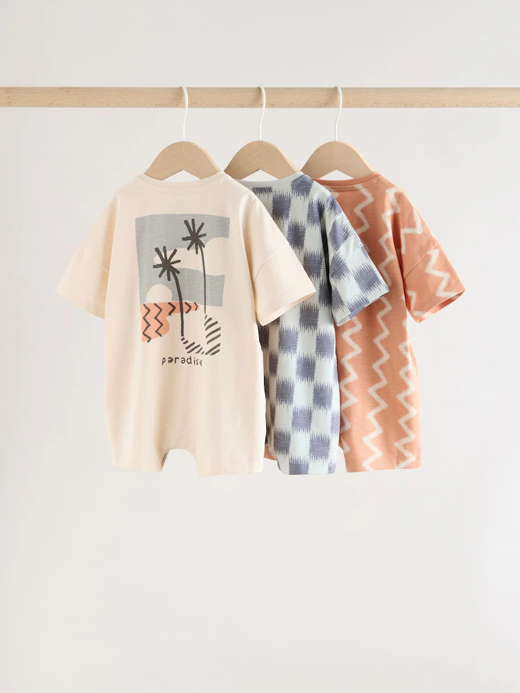 Neutral Sunbaked Printed Button Through Jersey Baby Rompers 3 Pack | Next US