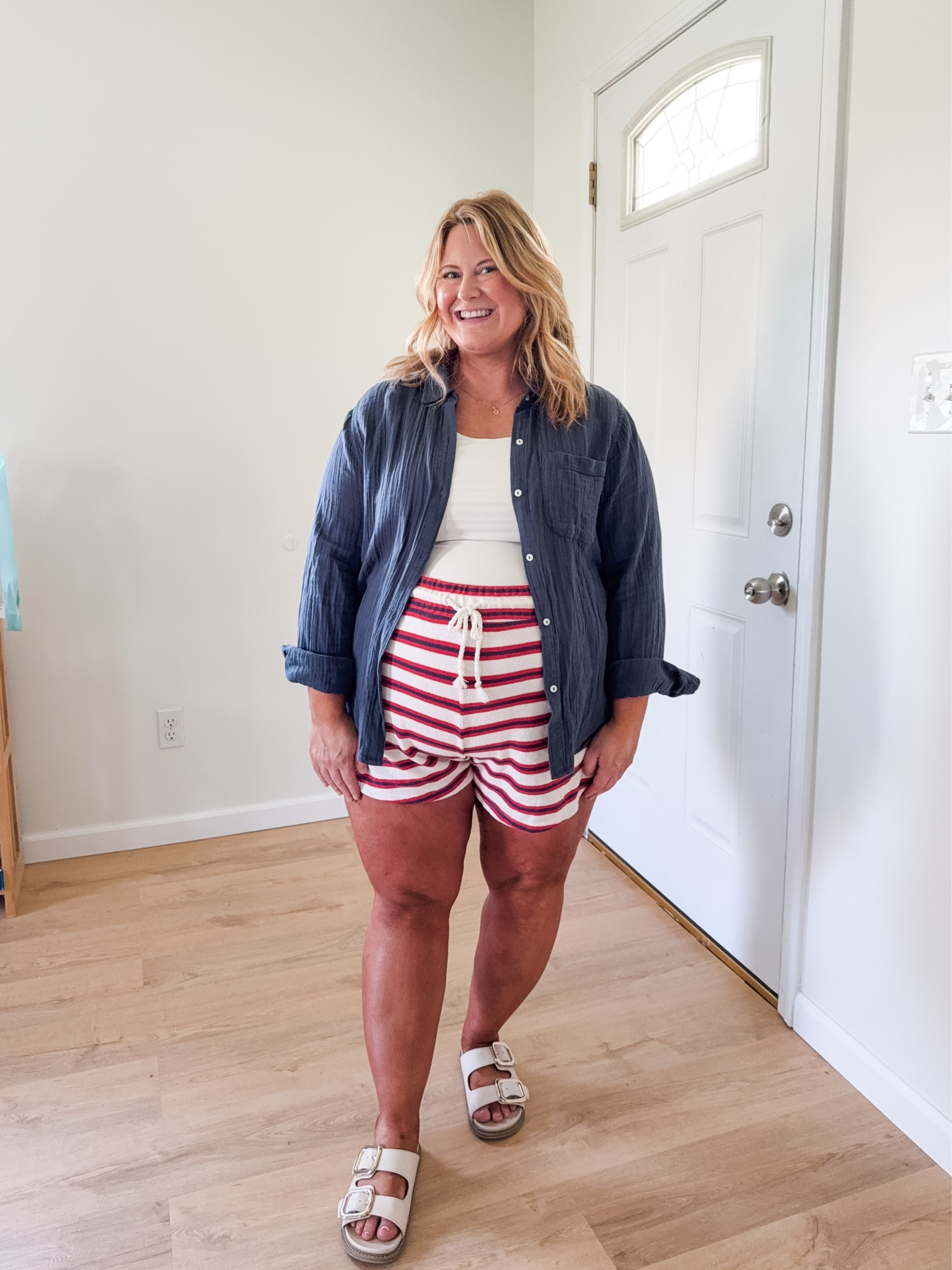 Wearing an Xl in my tank and shorts and a large in my gauze button down

#LTKMidsize #LTKBump #LTKSeasonal