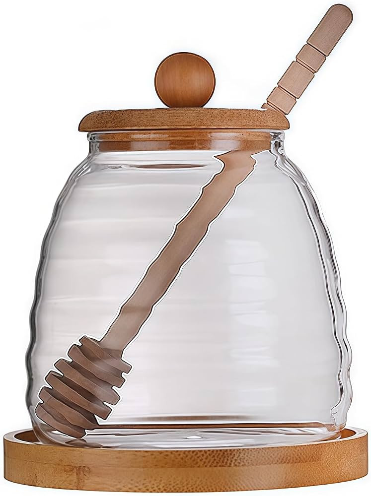 16.7 Oz Glass Honey Jar with Dipper and bamboo Lid Honey Pot Honey Container Holder Syrup Dispens... | Amazon (US)