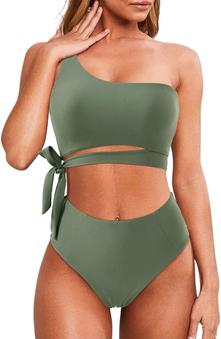Women One Shoulder High Waisted Bikini Tie High Cut Two Piece Swimsuits | Amazon (US)