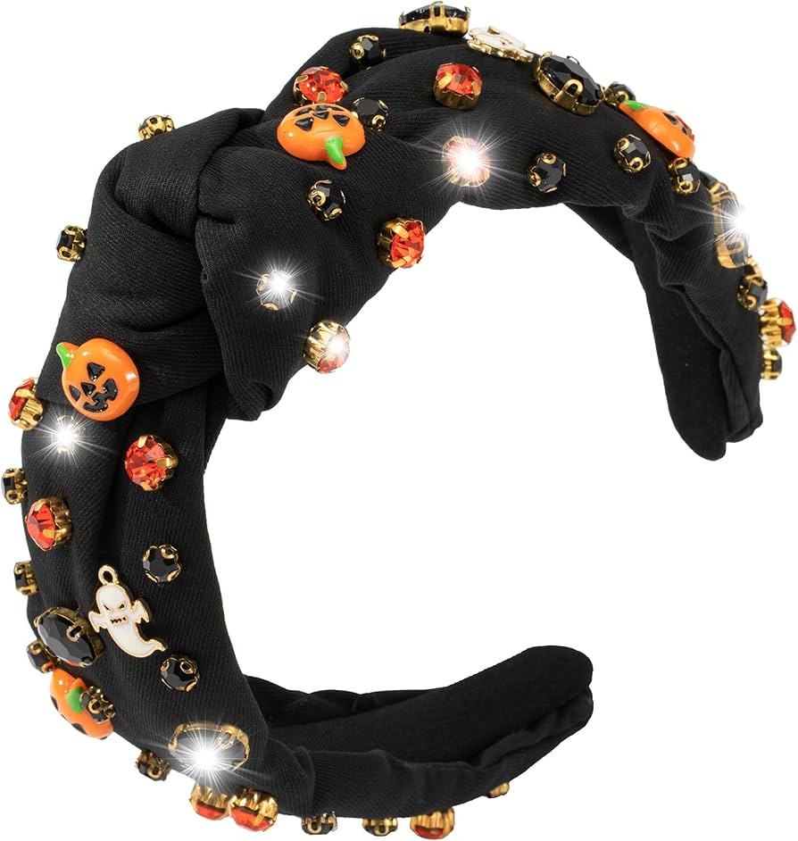 Rhinestone Knotted Jeweled Headband - Embellished Pumpkin Ghost Mixed Top Hairband for Women, Wid... | Amazon (US)