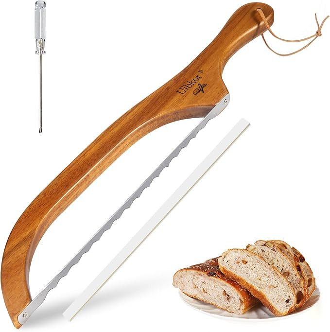 Wooden Bread Bow Knife, 16" Serrated Bagel Knife, Serrated Sourdough Cutter, Premium Stainless St... | Amazon (US)