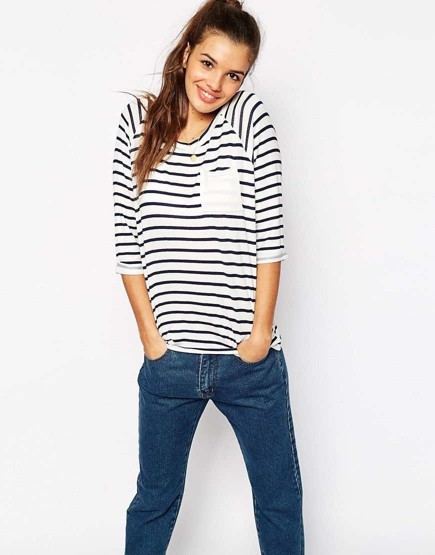 Daisy Street Stripe Breton T-Shirt With 3/4 Sleeve - Navy | ASOS UK