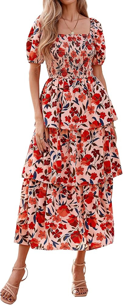 BTFBM Womens Square Neck Smocked Dress Summer Puff Short Sleeve Floral Casual Ruffle Tiered Maxi ... | Amazon (US)