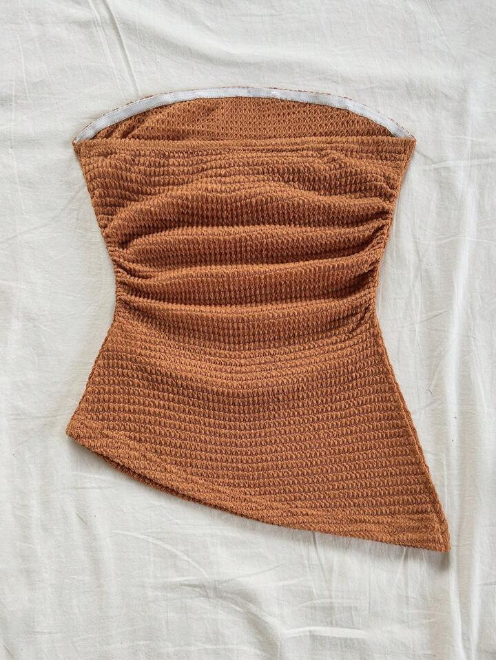 Soleia Women's Camisole Top With Asymmetrical Ruffled Hem, Side Slit, Textured Khaki Brown Color,... | SHEIN