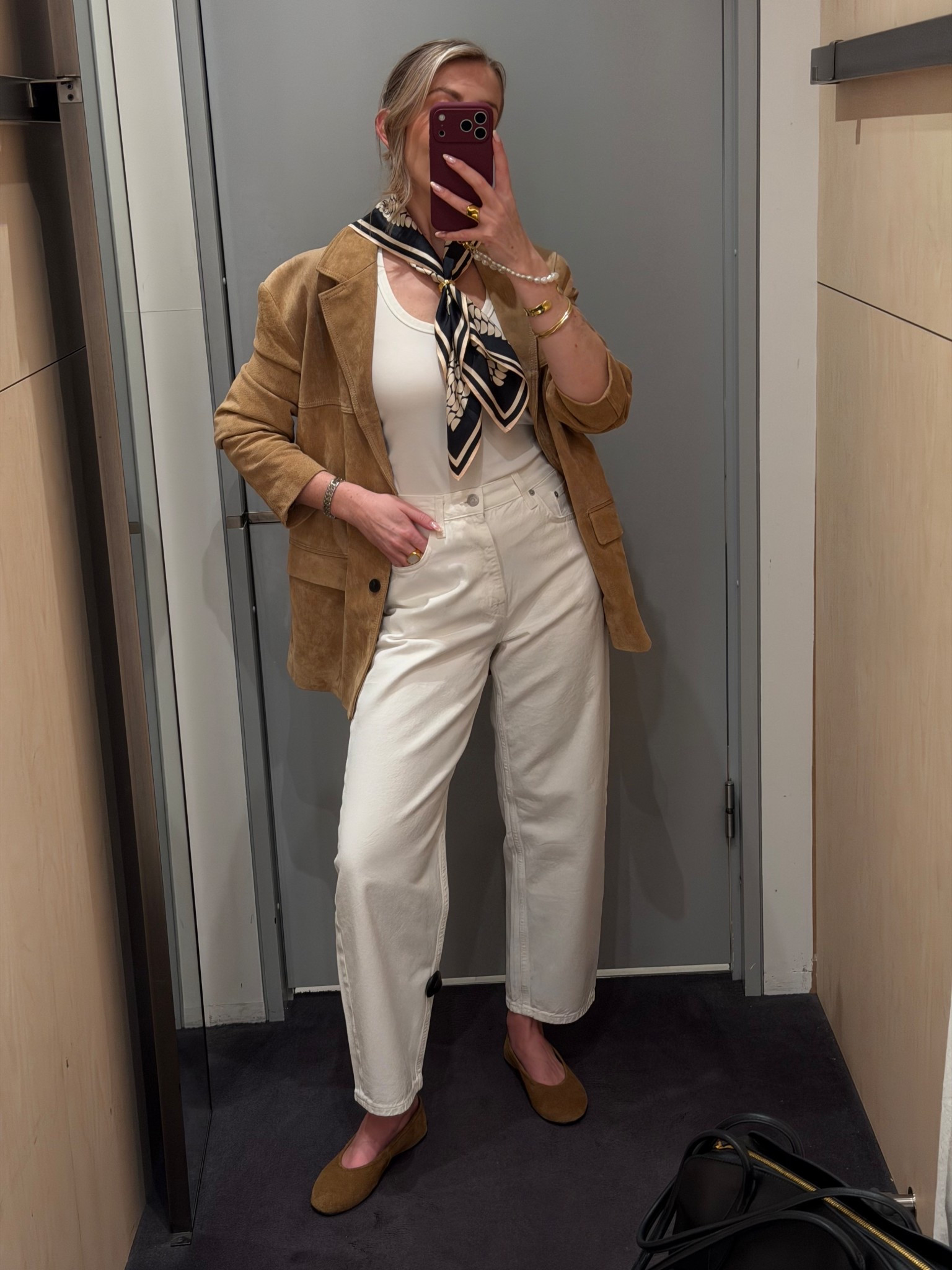COS white high rise barrel jeans. I wear a  26 🤍 

Suede blazer, silk scarf, denim try on, suede ballet flats 

#LTKspring #LTKjeans #LTKuk