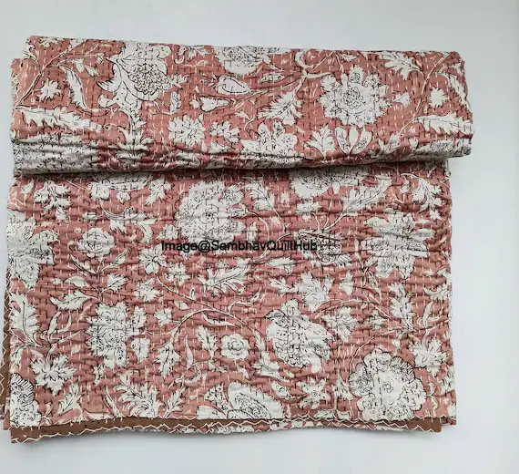 Handblock Print Kantha Quilt Bohemian Bedding Reversible | Etsy | Etsy (US)