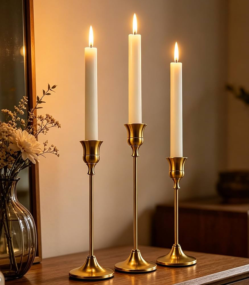 3PC Brass Gold Candle Holders Candlestick, Metal Taper Candle Sticks Holder, Vintage Modern Gold ... | Amazon (UK)
