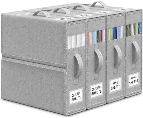 Bed Sheet Organizers and Storage, 4 Pack Foldable Sheet Storage Box Linen Closet Organizer for Queen/King Size Bedding Sheets, Duvet Covers, Towels, Blankets and Pillow Cases (Grey) | Amazon (US)