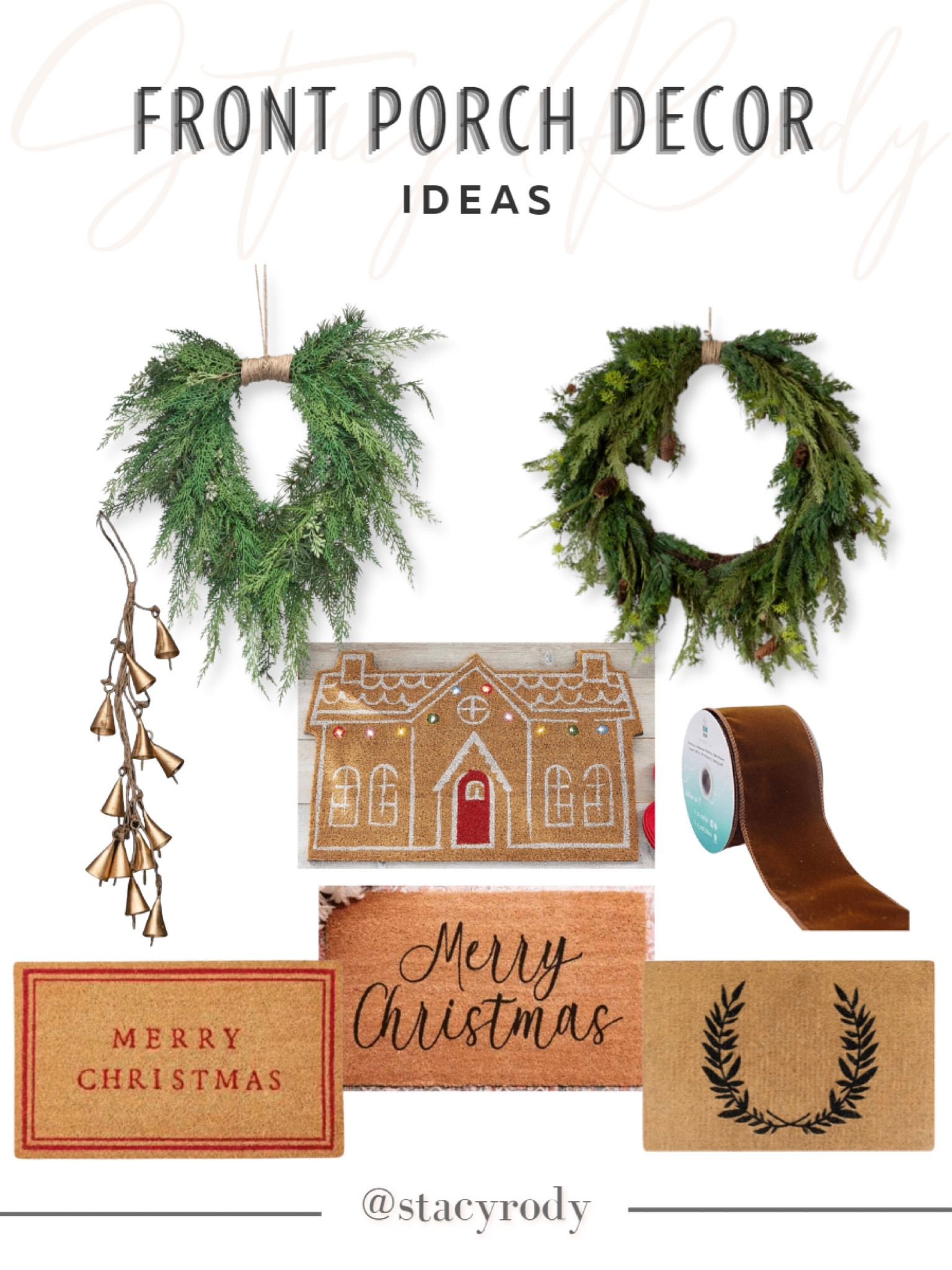 Front door Christmas decor. Welcome mat, cedar wreaths, ribbon and bells. 

#LTKHoliday #LTKhome #LTKunder100