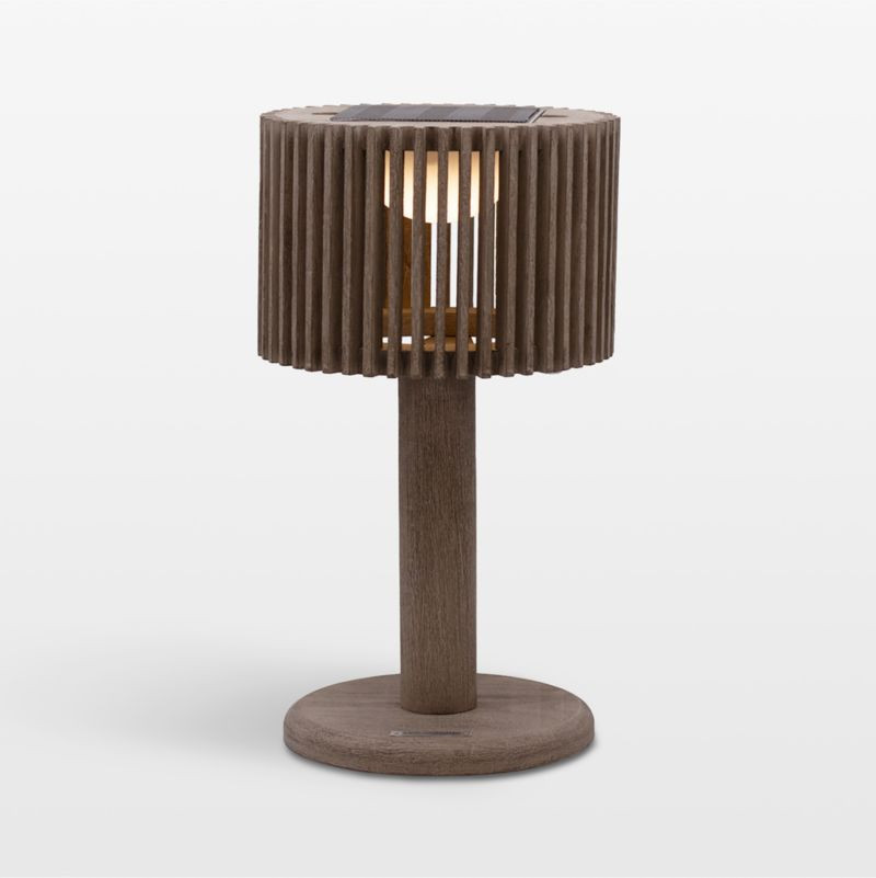 Pixy Weathered Teak LED Solar Outdoor Table Lamp 16" | Crate & Barrel | Crate & Barrel