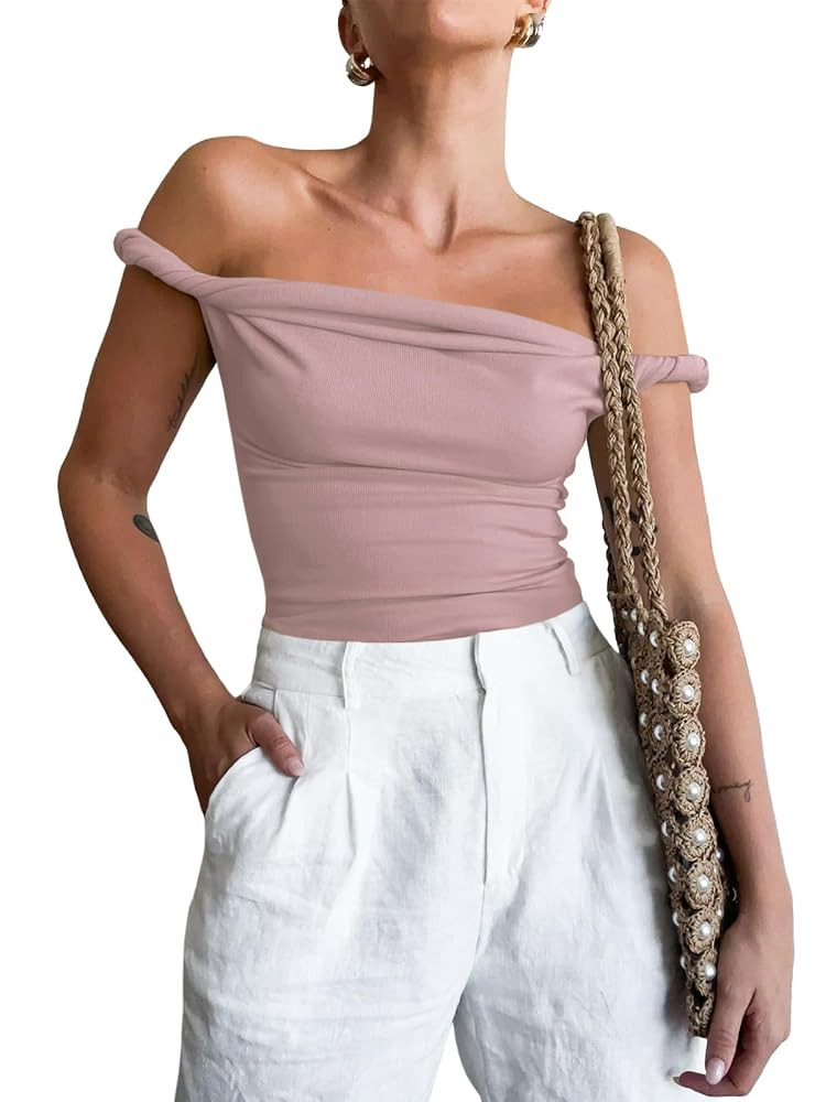 Tankaneo Womens Off The Shoulder Top Sleeveless Slim Fit Stretchy Tank Top Y2k Casual T Shirts | Amazon (US)