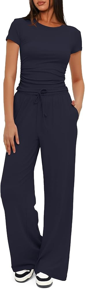 Darong Women's 2 Piece Summer Outfits Lounge Sets Side Ruched Short Sleeve Crop Top & Wide Leg Pa... | Amazon (US)