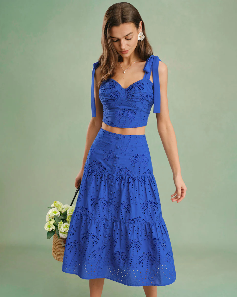 Blue Sweetheart Neck Embroidery Cami Top | rihoas.com