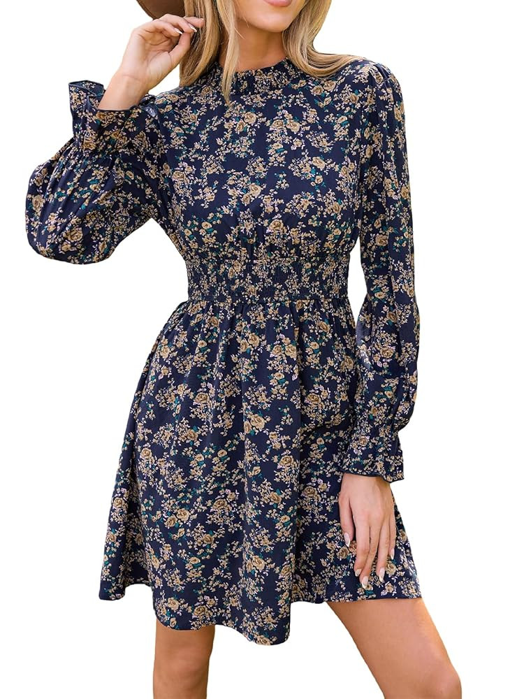 CUPSHE Damen Kleid High Neck Langarm Blumenmuster Kurzes Minikleid Freizeitkleider Party Tunika D... | Amazon (DE)