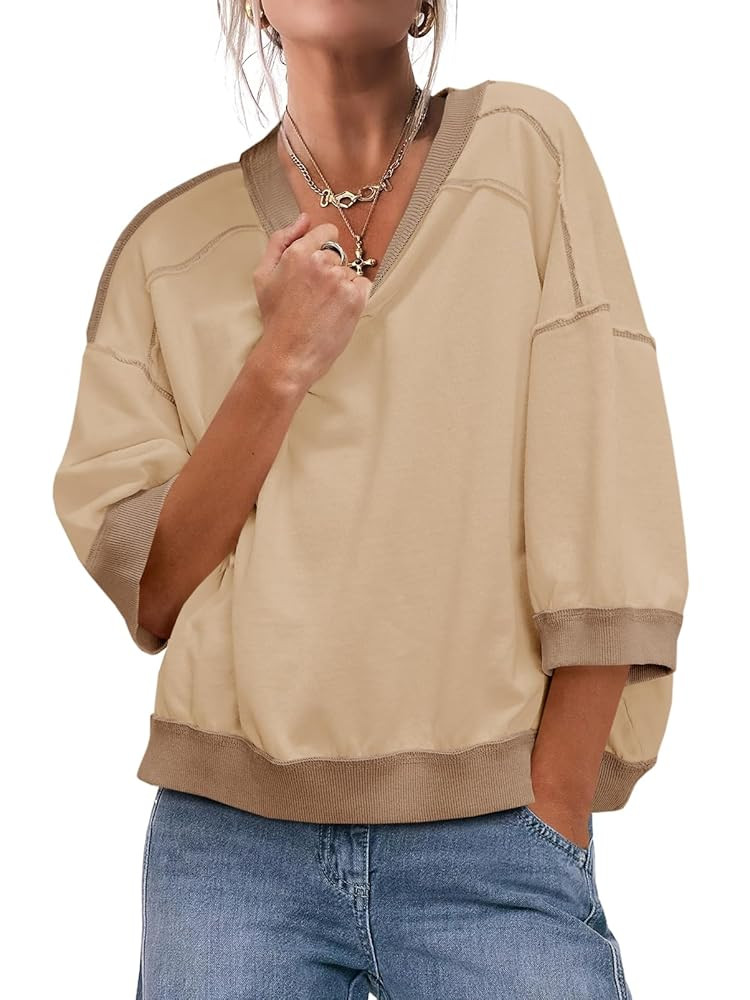 Fisoew Womens Oversized Sweatshirt 3/4 Sleeve Crewneck Cropped Top Casual Contrast Color Loose Fi... | Amazon (US)