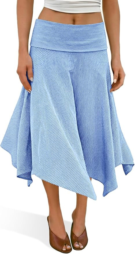Tankaneo Womens Striped High Waisted Skirt Summer Casual Asymmetric Hem Flowy A Line Midi Skirts | Amazon (US)