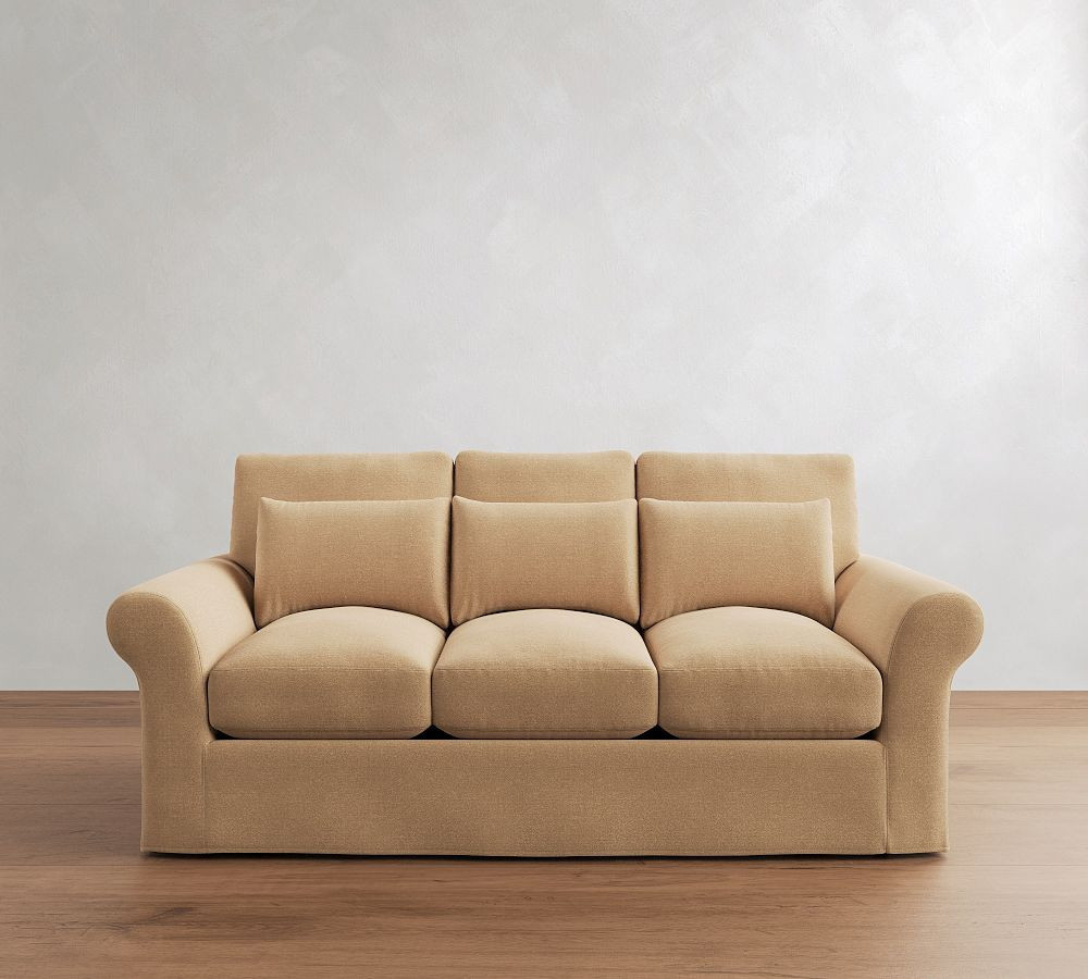 PB Comfort Modern Roll Arm Slipcovered Deep Seat Sofa 82" 3x3, Down Blend Wrapped Cushions, Faux Mohair Velvet Sand | Pottery Barn (US)