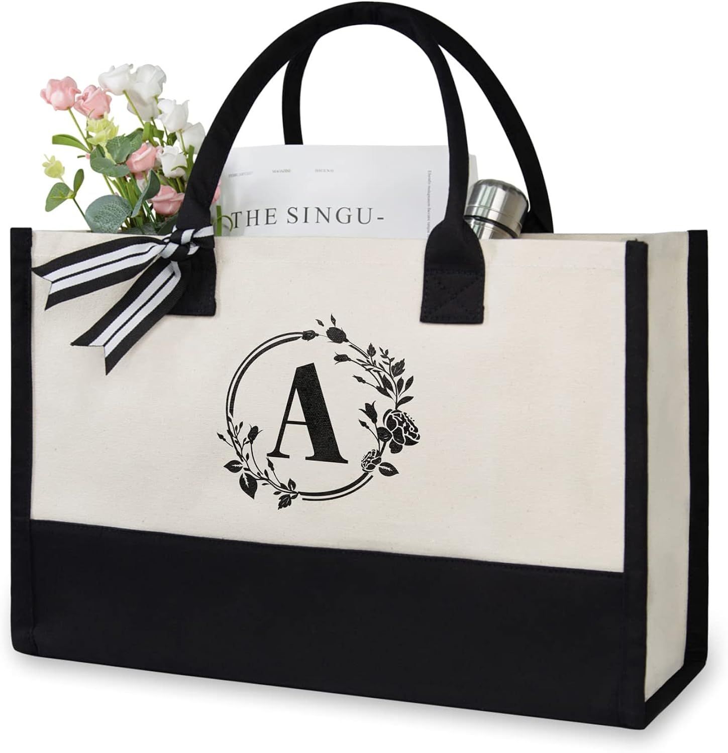 TOPDesign Personalized Initial Canvas Beach Bag, Monogrammed Gift Tote Bag for Women | Amazon (US)