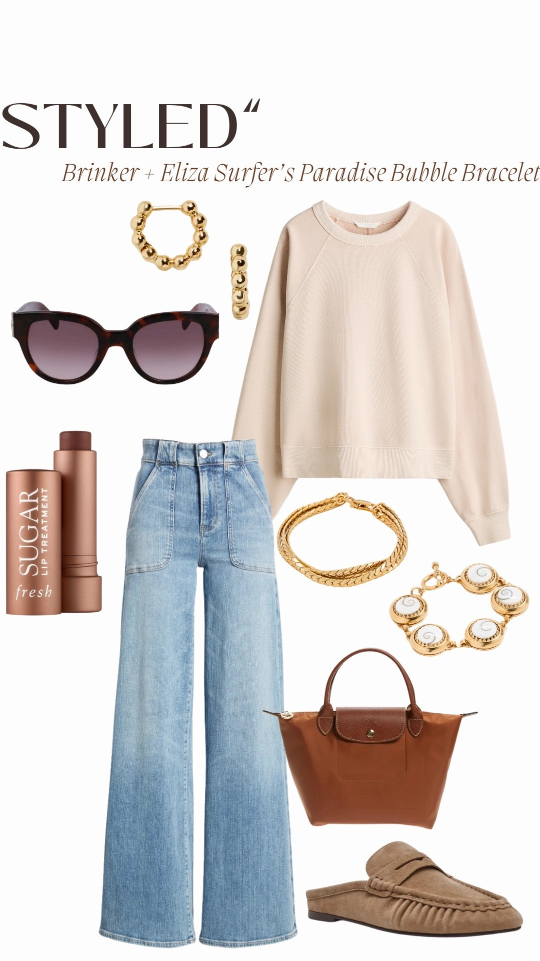 “Styled” 
Brinker + Eliza Surfer’s Paradise Bubble Bracelet

Beige Oversized Sweatshirt - H&M
Taupe Suede Loafer - Steve Madden (Rafe Loafer)
Wide Leg Jeans - FRAME (Modern Pocket Wide Leg Jeans color: carpenter)
Top Handle Bag - Longchamp (Le Pliage color: cognac)
Sunglasses - Longchamp (52mm Gradient Tea Cup Sunglasses color: Havana)
Thick Gold Band Ring - Melinda Maria (Atlas Ring)
Hoop Earrings - BaubleBar (Pisa Earrings)
Gold Herringbone & Chain Link Bracelet - Jenny Bird (Priya Bracelet)
Lip Treatment - Fresh (color: cocoa)

#LTKSeasonal #LTKmomlife #LTKOver40