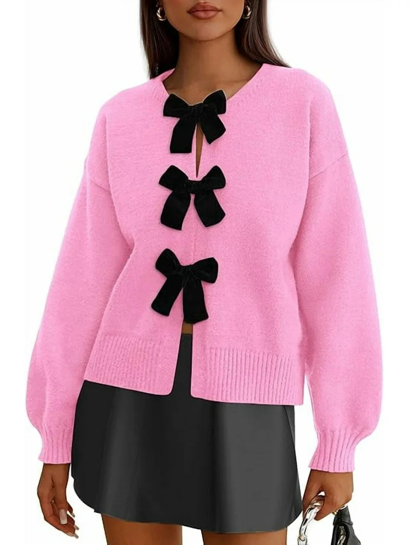 PRETTYGARDEN Cardigan Sweaters for Women Fall Bow Tie Front Long Sleeve Knit Sweater Tops Cute Go... | Walmart (US)