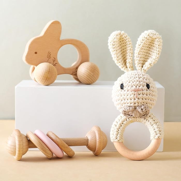 let's make Wooden Baby Rattle 3 PCS Push Car Rattle Set Crochet Rattle Ring Wooden Montessori Toy... | Amazon (US)