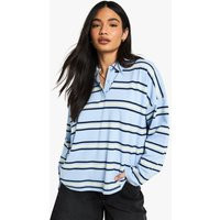 Womens Stripe Collared Rugby Top - Blue - 2 | boohoo (US & Canada)