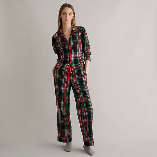 Long-sleeve cotton poplin pajama set in black Stewart tartan | J. Crew US