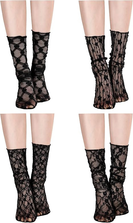 Geyoga 4 Pairs Women's Lace Socks Mesh Lace Loose Socks Decorated Ankle High Sheer Socks Sheer Me... | Amazon (US)