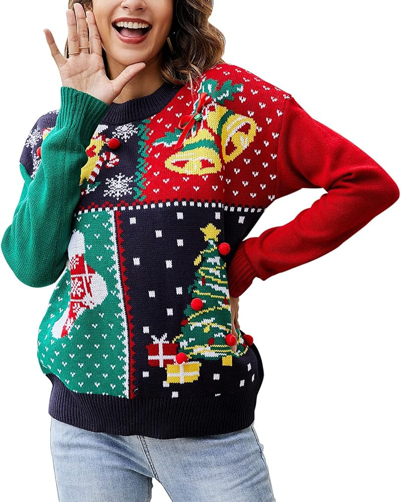 IFFEI Womens Ugly Christmas Sweater Novelty Print Crew Neck Sweater Pullover | Amazon (US)