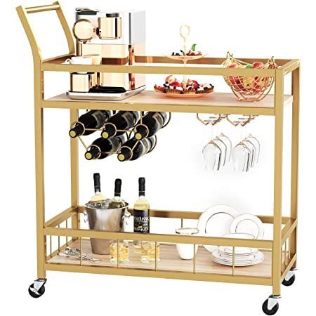 VASAGLE Bar Cart Gold, Home Bar Serving Cart, Wine Cart with 2 Mirrored Shelves, Wine Holders, Gl... | Amazon (US)