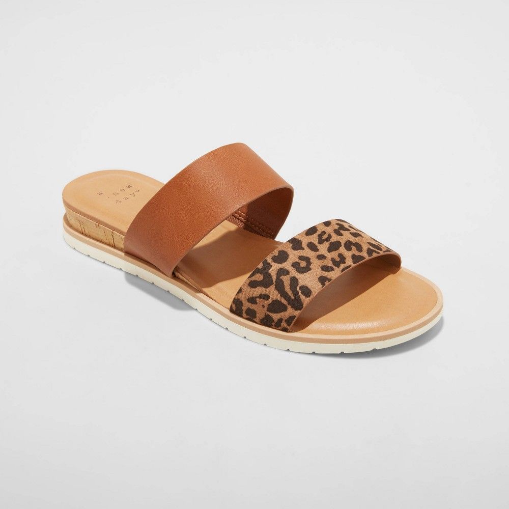 Women's Coco Leopard Print Two Band Slide Sandals - A New Day Brown 6 | Target