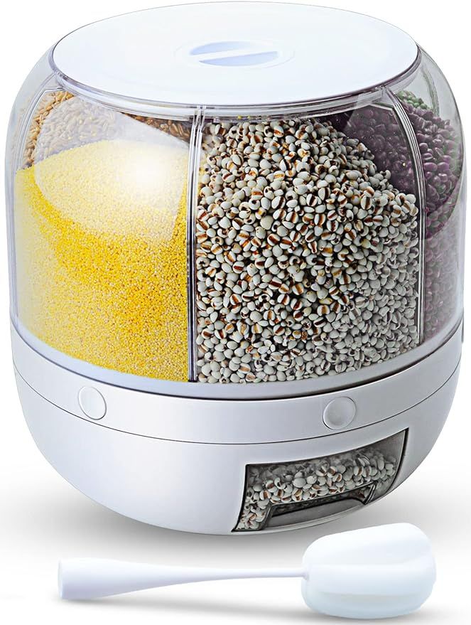 WOWFUNNY Grain Dispenser, 8.2 Qt Rotating Rice Dispenser Storage Container, 6-Compartment Dry Foo... | Amazon (US)