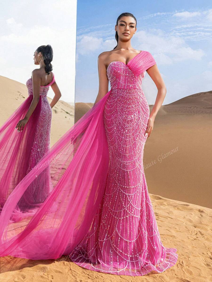 One Shoulder Mesh Panel Sequin Formal Dress | SHEIN