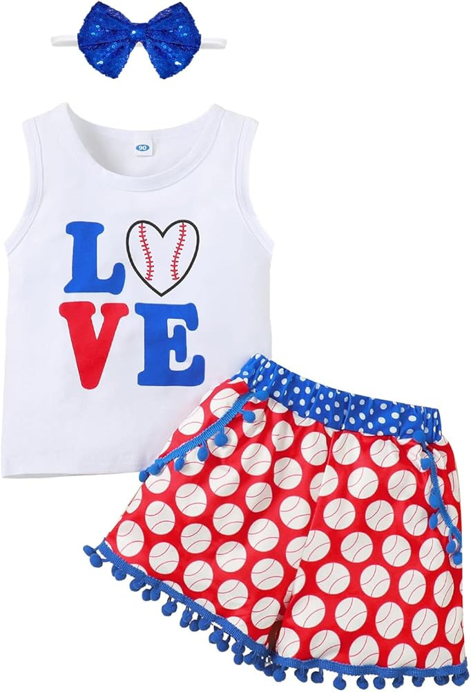LYSMuch Toddler Baby Girls Shorts Outfits Love Baseball Print Vest T-Shirt Tops Tassel Pants Summ... | Amazon (US)