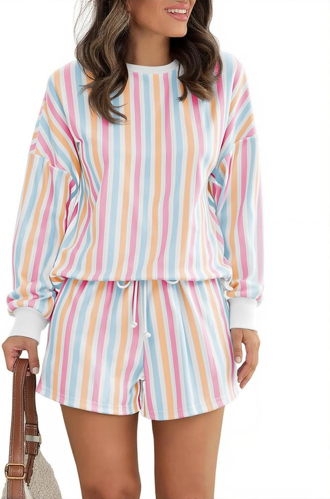 Tankaneo Womens Striped Short Sets 2 Piece Outfits Long Sleeve Shirts and Shorts Matching Lounge ... | Amazon (US)