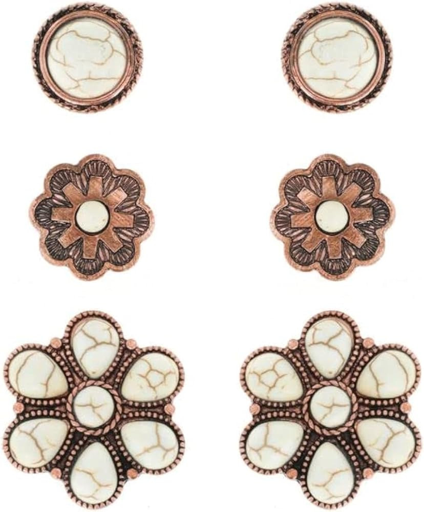 NIVEK Set of 3 White Turquoise Color Stud Earrings Copper Antique Finish Western Boho Flower Roun... | Amazon (US)
