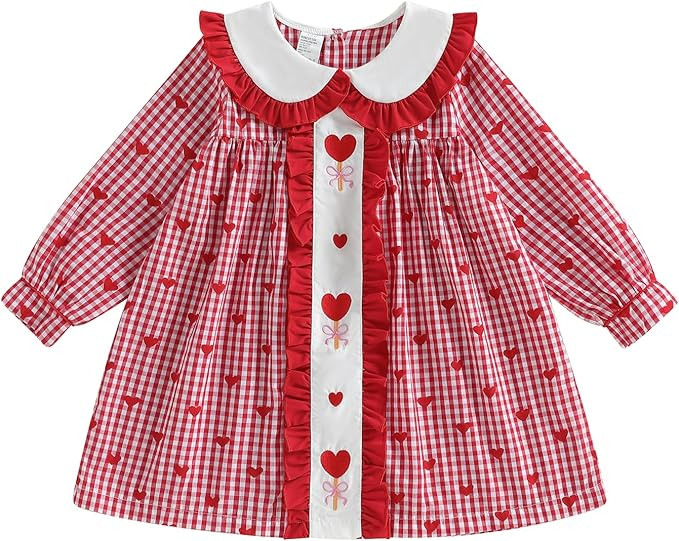 Toddler Little Girl Smocked Valentines Day Dress Love Heart Print Long Sleeve Doll Collar Plaid D... | Amazon (US)