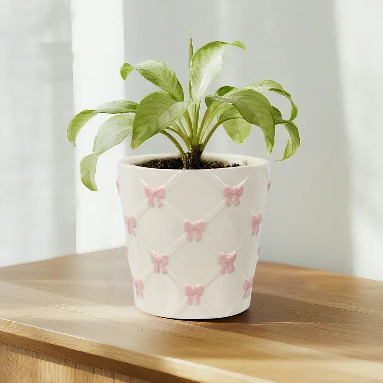 Mainstays 6.25" x 6.25" x 6" Round Cream and Pink Ceramic Bow Planter | Walmart (US)
