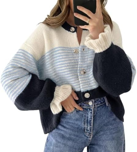 Saodimallsu Womens 2026 Fall Trendy Striped Cardigan Sweaters Ruffle Sleeve Button Up Loose Color... | Amazon (US)