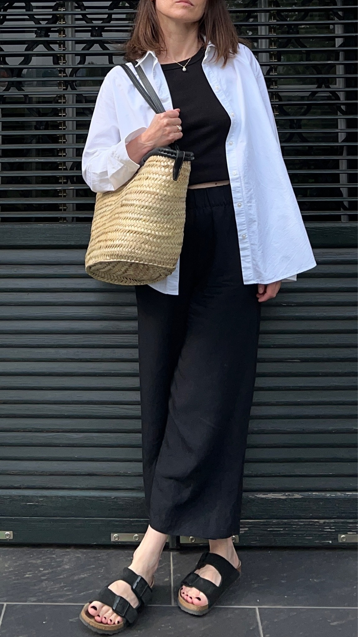 Black linen trousers styled with ribbed top, white shirt, suede sandals and basket bag

White shirt, oversized shirt, Oxford shirt, black top, linen trousers, linen-blend trousers, ribbed vest top, suede sandals, Birkenstock suede, Birkenstock sandals, black Birkenstock, basket bags, straw bags, summer bags, black basket bag, Massimo Dutti bags, black trousers, cropped trousers, dupes, casual outfits, summer outfits, minimal outfits, minimal summer look, Massimo Dutti, H&M, luxury bags, holiday wardrobe 

#LTKeurope #LTKSeasonal #LTKitbag