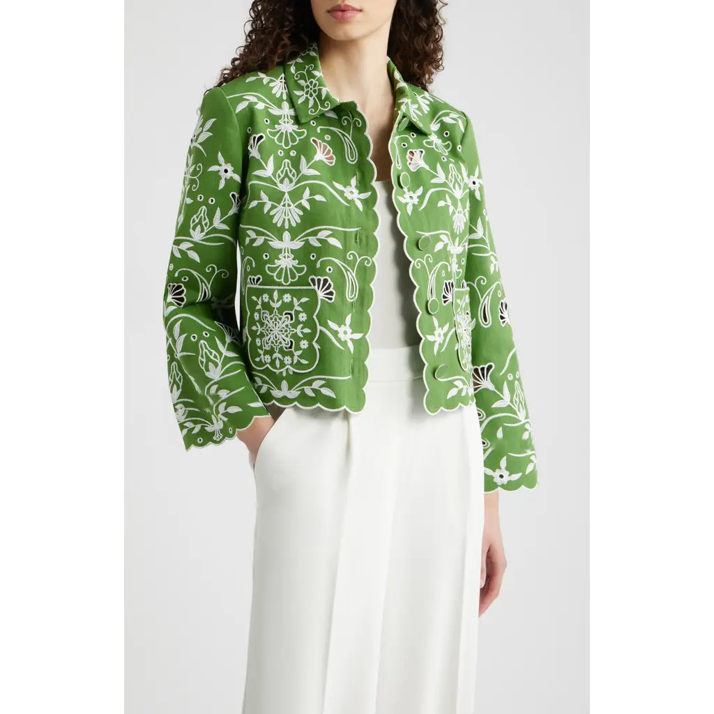 Elie Tahari The Marianna Cotton Eyelet Jacket in Green /Sky White at Nordstrom, Size X-Small | Nordstrom
