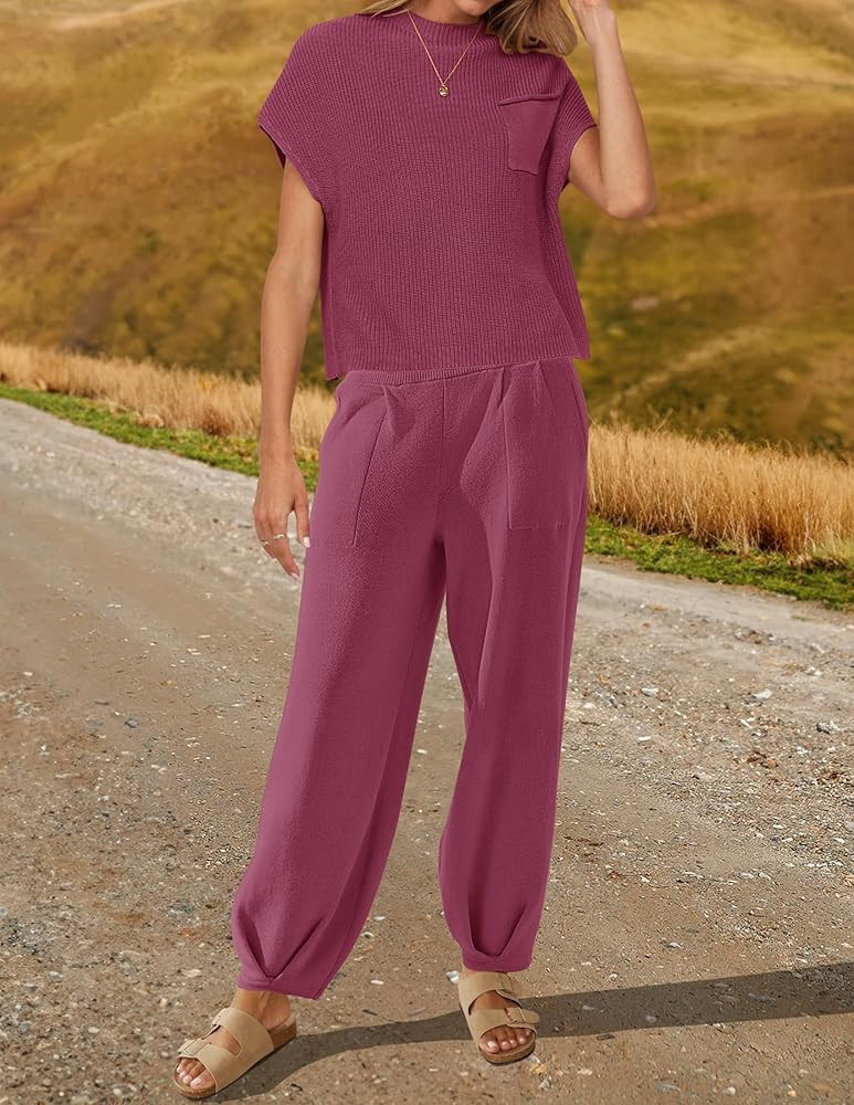 ZESICA Women's 2 Piece Outfits Sweater Set Short Sleeve Mock Neck Knit Pullover Top High Waist Pant  | Amazon (US)