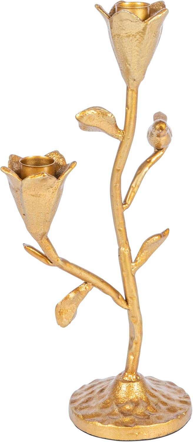 Creative Co-Op Hand-Forged Cast Iron Candelabra with Flowers and Bird, Holds 2 Tapers, Gold | Amazon (US)