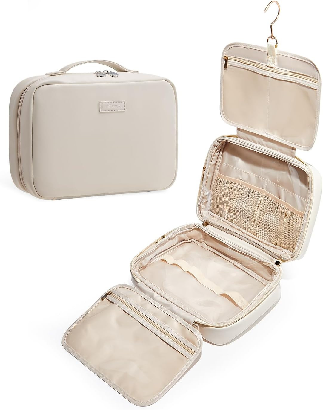 EACHY Toiletry Bag with Hanging Hook, Travel Makeup Bag PU Leather Cosmetic Bags for Women Make Up Organizer with 4 Compartments Waterproof Full-Size Portable Travel Essentials (Beige) | Amazon (US)