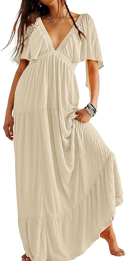 Kikibell Women Summer Dresses Sexy V-Neck Maxi Dress Tiered Silhouette with Flutter Sleeve Backle... | Amazon (US)
