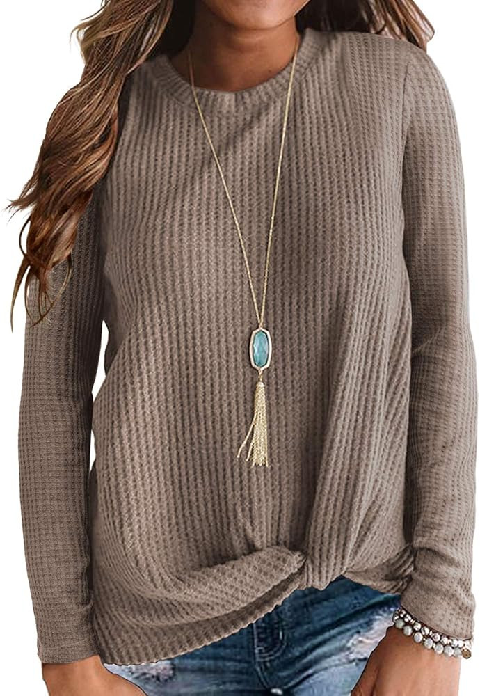 Neineiwu Womens Casual Tops Long Sleeve Cute Twist Knot Waffle Knit Shirts Loose Blouse | Amazon (US)
